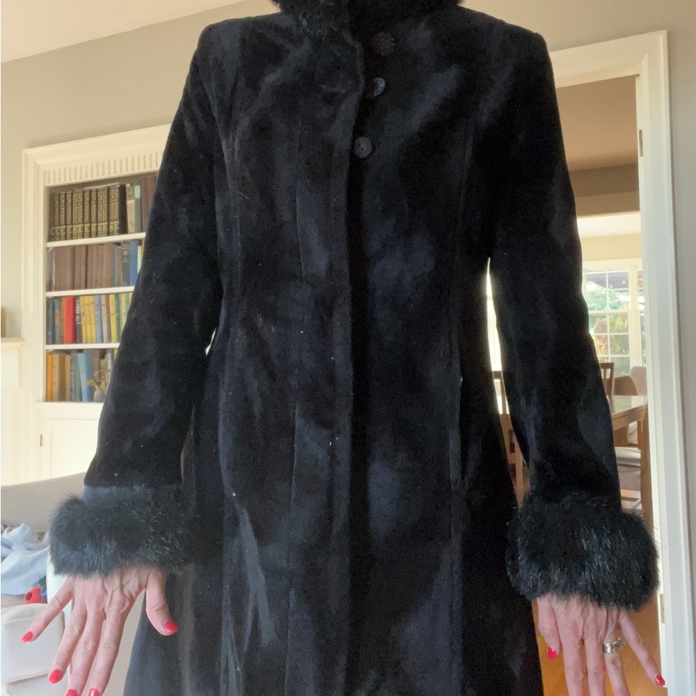 Black winter coat, faux fur trim.  Size 9/10.